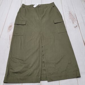 Loft NWT olive green cargo utility midi skirt army grunge twill front slit